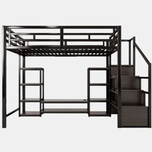 Beliche alto 140x200 - suporte para TV, tomada, escada de segurança, arrumação, combinação de metal e madeira - Preto