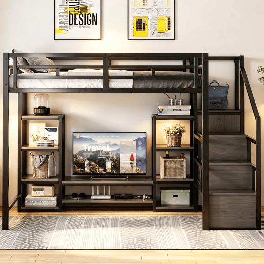 Beliche alto 140x200 - suporte para TV, tomada, escada de segurança, arrumação, combinação de metal e madeira - Preto