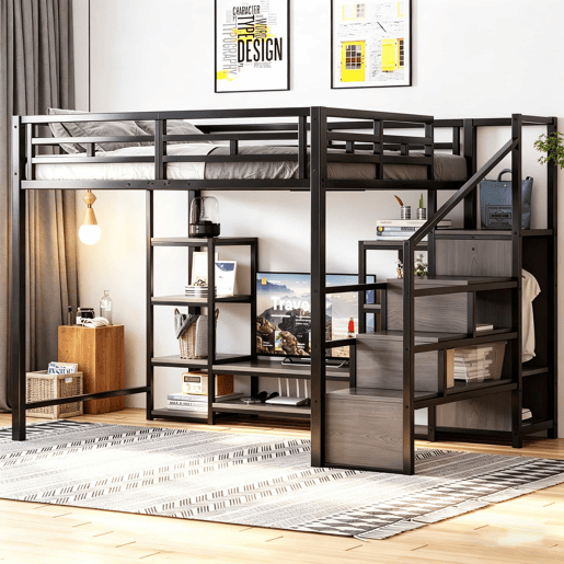 Beliche alto 140x200 - suporte para TV, tomada, escada de segurança, arrumação, combinação de metal e madeira - Preto