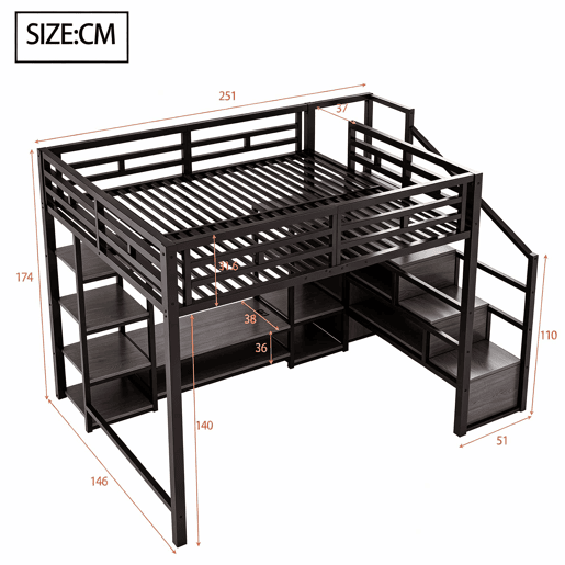 Beliche alto 140x200 - suporte para TV, tomada, escada de segurança, arrumação, combinação de metal e madeira - Preto