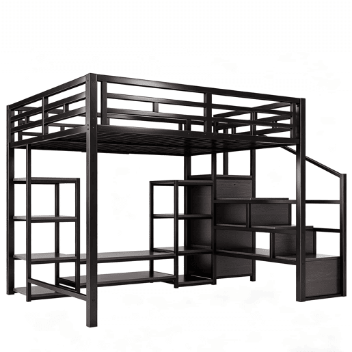 Beliche alto 140x200 - suporte para TV, tomada, escada de segurança, arrumação, combinação de metal e madeira - Preto