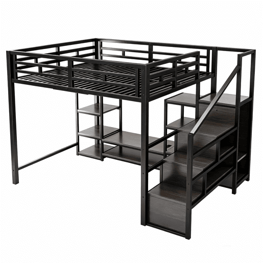 Beliche alto 140x200 - suporte para TV, tomada, escada de segurança, arrumação, combinação de metal e madeira - Preto