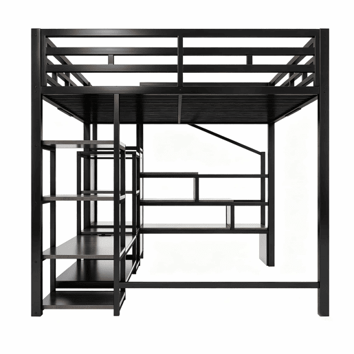 Beliche alto 140x200 - suporte para TV, tomada, escada de segurança, arrumação, combinação de metal e madeira - Preto