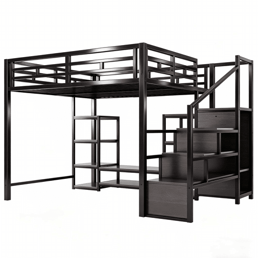 Beliche alto 140x200 - suporte para TV, tomada, escada de segurança, arrumação, combinação de metal e madeira - Preto