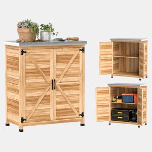 Outsunny Armário de Exterior em Madeira Armário de Jardim com Tampo de Aço Galvanizado Prateleira 2 Portas Abrigo de Jardim para Armazenamento de Ferramentas 79x43x92 cm Madeira