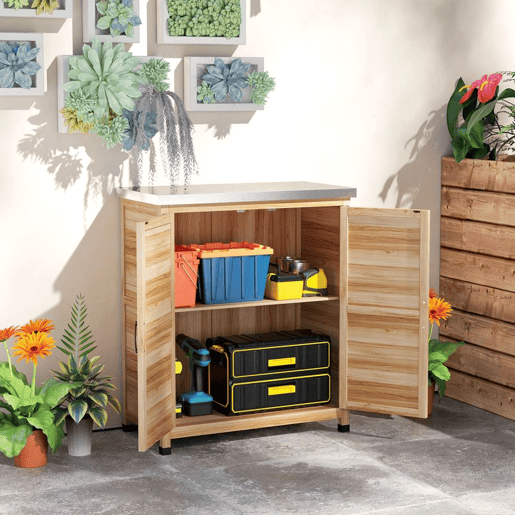 Outsunny Armário de Exterior em Madeira Armário de Jardim com Tampo de Aço Galvanizado Prateleira 2 Portas Abrigo de Jardim para Armazenamento de Ferramentas 79x43x92 cm Madeira