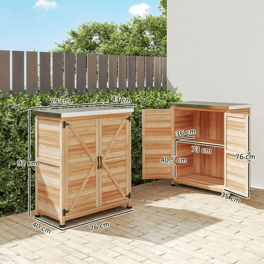 Outsunny Armário de Exterior em Madeira Armário de Jardim com Tampo de Aço Galvanizado Prateleira 2 Portas Abrigo de Jardim para Armazenamento de Ferramentas 79x43x92 cm Madeira