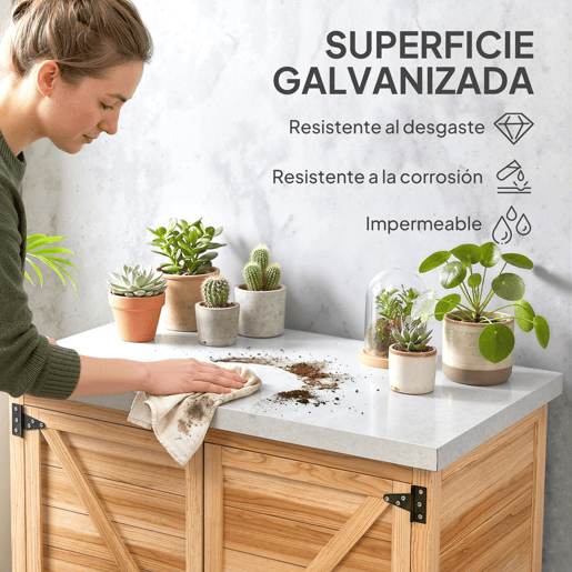 Outsunny Armário de Exterior em Madeira Armário de Jardim com Tampo de Aço Galvanizado Prateleira 2 Portas Abrigo de Jardim para Armazenamento de Ferramentas 79x43x92 cm Madeira