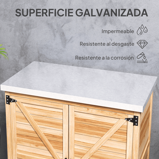 Outsunny Armário de Exterior em Madeira Armário de Jardim com Tampo de Aço Galvanizado Prateleira 2 Portas Abrigo de Jardim para Armazenamento de Ferramentas 79x43x92 cm Madeira
