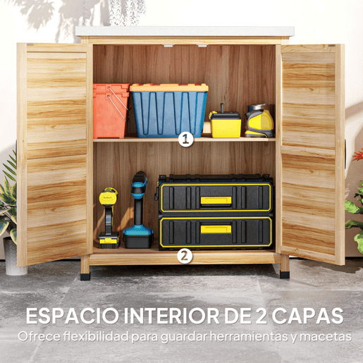 Outsunny Armário de Exterior em Madeira Armário de Jardim com Tampo de Aço Galvanizado Prateleira 2 Portas Abrigo de Jardim para Armazenamento de Ferramentas 79x43x92 cm Madeira