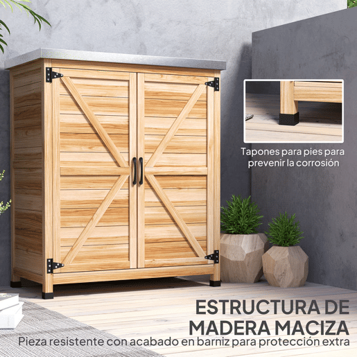 Outsunny Armário de Exterior em Madeira Armário de Jardim com Tampo de Aço Galvanizado Prateleira 2 Portas Abrigo de Jardim para Armazenamento de Ferramentas 79x43x92 cm Madeira