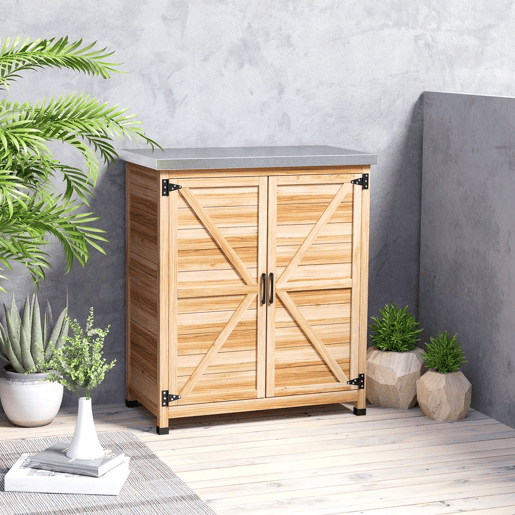 Outsunny Armário de Exterior em Madeira Armário de Jardim com Tampo de Aço Galvanizado Prateleira 2 Portas Abrigo de Jardim para Armazenamento de Ferramentas 79x43x92 cm Madeira