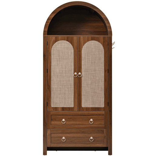 Aparador - estilo arco com rattan trançado, gaveta dupla - Nogal