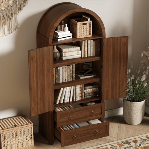 Aparador - estilo arco com rattan trançado, gaveta dupla - Nogal
