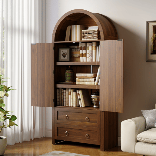 Aparador - estilo arco com rattan trançado, gaveta dupla - Nogal