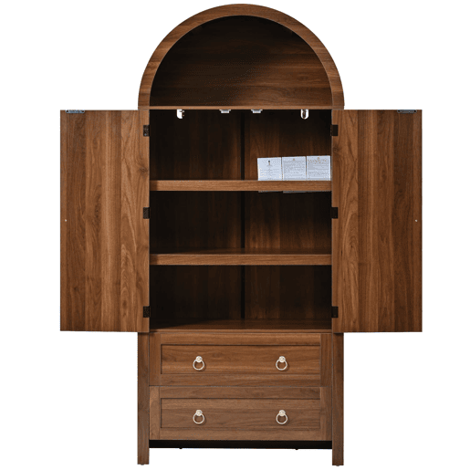 Aparador - estilo arco com rattan trançado, gaveta dupla - Nogal