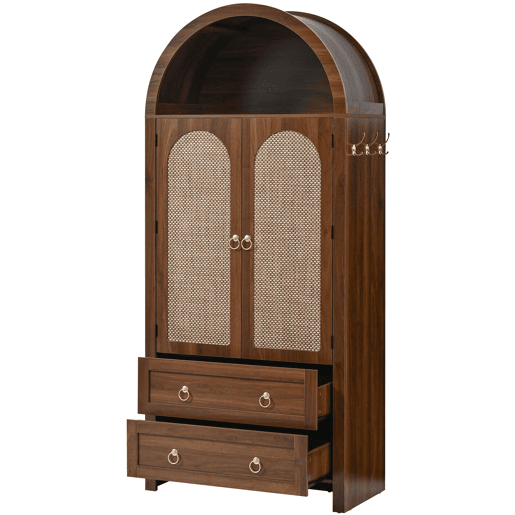 Aparador - estilo arco com rattan trançado, gaveta dupla - Nogal