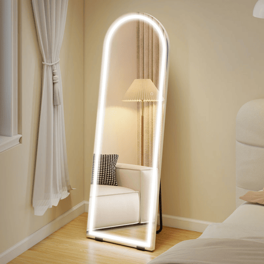 HOMCOM Espelho de Corpo Inteiro com Luzes, 150x50 cm, Espelho Arqueado sem Moldura, Ajustável em Cor e Brilho, Função de Memória, Independente, Encostado ou de Parede, Transparente