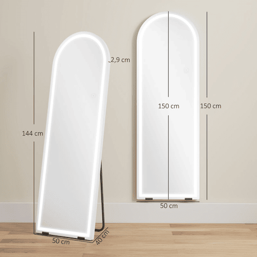 HOMCOM Espelho de Corpo Inteiro com Luzes, 150x50 cm, Espelho Arqueado sem Moldura, Ajustável em Cor e Brilho, Função de Memória, Independente, Encostado ou de Parede, Transparente