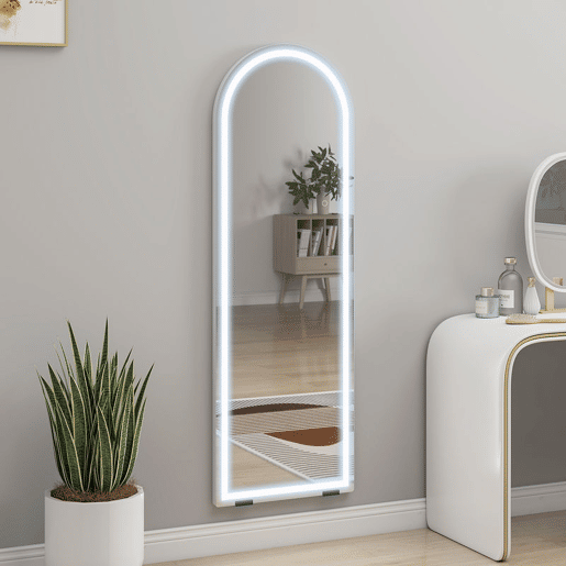 HOMCOM Espelho de Corpo Inteiro com Luzes, 150x50 cm, Espelho Arqueado sem Moldura, Ajustável em Cor e Brilho, Função de Memória, Independente, Encostado ou de Parede, Transparente