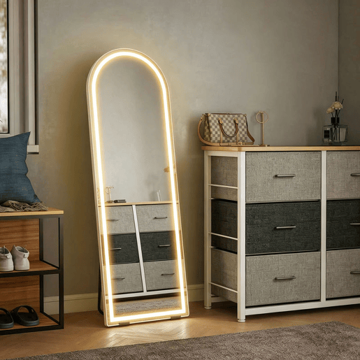 HOMCOM Espelho de Corpo Inteiro com Luzes, 150x50 cm, Espelho Arqueado sem Moldura, Ajustável em Cor e Brilho, Função de Memória, Independente, Encostado ou de Parede, Transparente