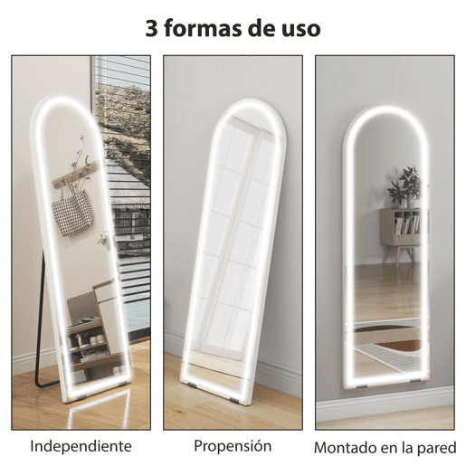 HOMCOM Espelho de Corpo Inteiro com Luzes, 150x50 cm, Espelho Arqueado sem Moldura, Ajustável em Cor e Brilho, Função de Memória, Independente, Encostado ou de Parede, Transparente