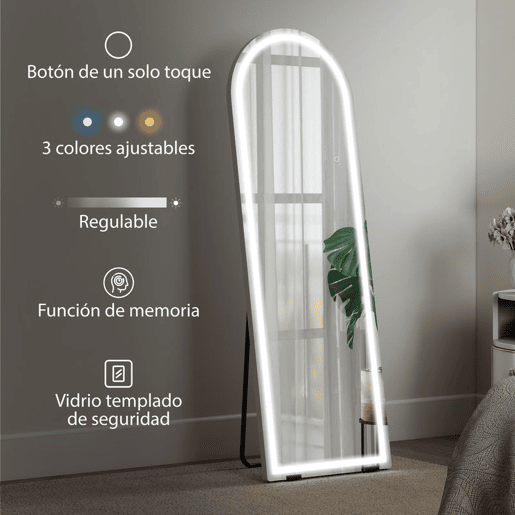 HOMCOM Espelho de Corpo Inteiro com Luzes, 150x50 cm, Espelho Arqueado sem Moldura, Ajustável em Cor e Brilho, Função de Memória, Independente, Encostado ou de Parede, Transparente