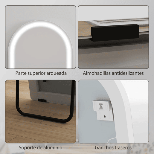 HOMCOM Espelho de Corpo Inteiro com Luzes, 150x50 cm, Espelho Arqueado sem Moldura, Ajustável em Cor e Brilho, Função de Memória, Independente, Encostado ou de Parede, Transparente