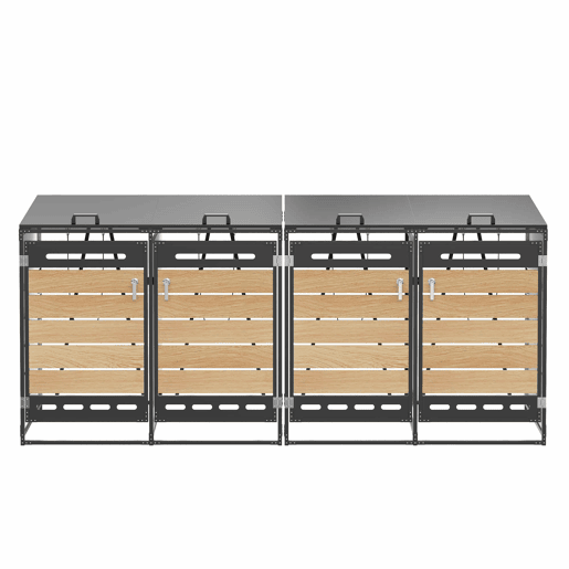 Caixa para contentores do lixo, 4 unidades - tampa hidráulica, painéis com efeito de madeira, ventilação com ranhuras, fechadura - preto Caixa para contentores do lixo, 4 unidades - tampa hidráulica, painéis com efeito de madeira, ventilação com ranhuras, fechadura - preto