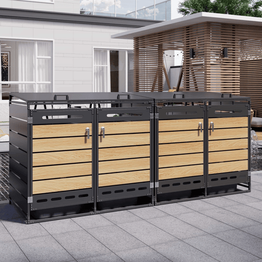 Caixa para contentores do lixo, 4 unidades - tampa hidráulica, painéis com efeito de madeira, ventilação com ranhuras, fechadura - preto Caixa para contentores do lixo, 4 unidades - tampa hidráulica, painéis com efeito de madeira, ventilação com ranhuras, fechadura - preto