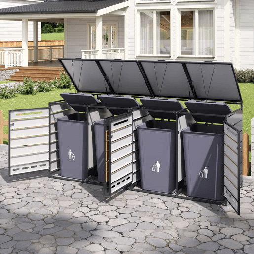 Caixa para contentores do lixo, 4 unidades - tampa hidráulica, painéis com efeito de madeira, ventilação com ranhuras, fechadura - preto Caixa para contentores do lixo, 4 unidades - tampa hidráulica, painéis com efeito de madeira, ventilação com ranhuras, fechadura - preto