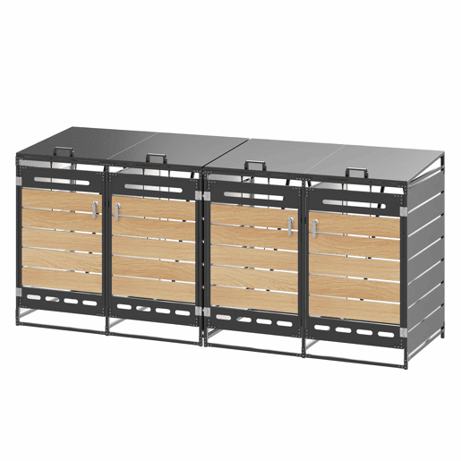 Caixa para contentores do lixo, 4 unidades - tampa hidráulica, painéis com efeito de madeira, ventilação com ranhuras, fechadura - preto Caixa para contentores do lixo, 4 unidades - tampa hidráulica, painéis com efeito de madeira, ventilação com ranhuras, fechadura - preto