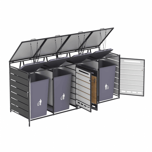Caixa para contentores do lixo, 4 unidades - tampa hidráulica, painéis com efeito de madeira, ventilação com ranhuras, fechadura - preto Caixa para contentores do lixo, 4 unidades - tampa hidráulica, painéis com efeito de madeira, ventilação com ranhuras, fechadura - preto