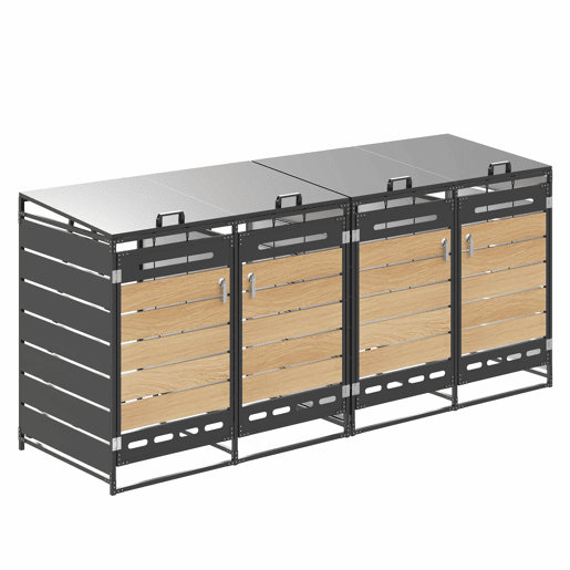 Caixa para contentores do lixo, 4 unidades - tampa hidráulica, painéis com efeito de madeira, ventilação com ranhuras, fechadura - preto Caixa para contentores do lixo, 4 unidades - tampa hidráulica, painéis com efeito de madeira, ventilação com ranhuras, fechadura - preto