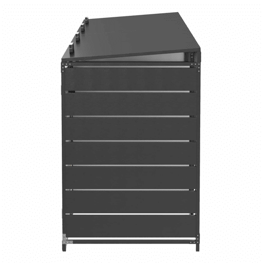 Caixa para contentores do lixo, 4 unidades - tampa hidráulica, painéis com efeito de madeira, ventilação com ranhuras, fechadura - preto Caixa para contentores do lixo, 4 unidades - tampa hidráulica, painéis com efeito de madeira, ventilação com ranhuras, fechadura - preto
