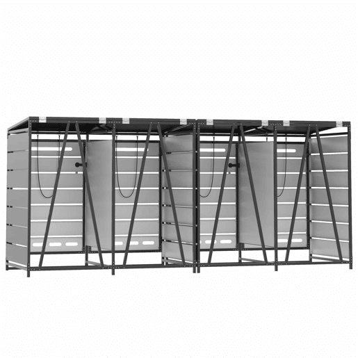 Caixa para contentores do lixo, 4 unidades - tampa hidráulica, painéis com efeito de madeira, ventilação com ranhuras, fechadura - preto Caixa para contentores do lixo, 4 unidades - tampa hidráulica, painéis com efeito de madeira, ventilação com ranhuras, fechadura - preto