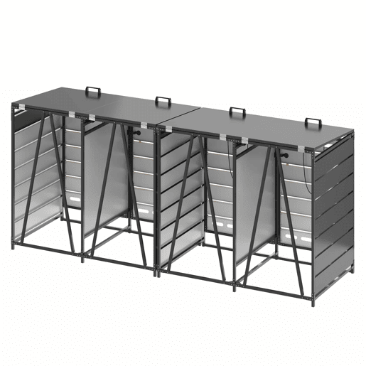 Caixa para contentores do lixo, 4 unidades - tampa hidráulica, painéis com efeito de madeira, ventilação com ranhuras, fechadura - preto Caixa para contentores do lixo, 4 unidades - tampa hidráulica, painéis com efeito de madeira, ventilação com ranhuras, fechadura - preto