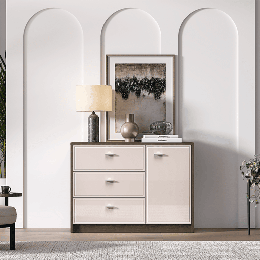 Kaius Cashmere e madeira escura Aparador de 1 porta e 3 gavetas