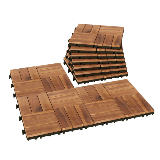 Outsunny Conjunto de 10 Estrados de Madeira de Acácia para Exterior 31x31 cm, 0,91 m² Estrado para Terraço Antiderrapantes e Resistentes ao Clima Instalação Fácil para Terraço Castanho-Escuro