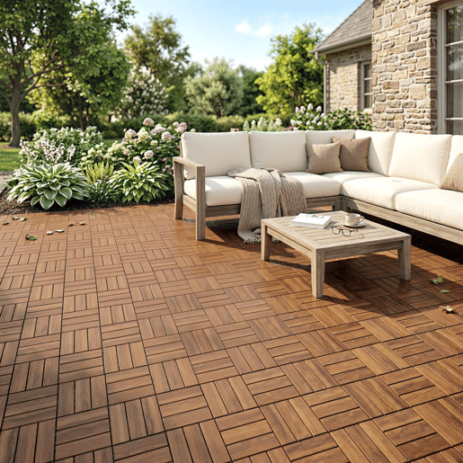 Outsunny Conjunto de 10 Estrados de Madeira de Acácia para Exterior 31x31 cm, 0,91 m² Estrado para Terraço Antiderrapantes e Resistentes ao Clima Instalação Fácil para Terraço Castanho-Escuro
