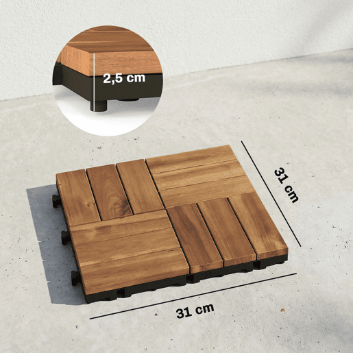 Outsunny Conjunto de 10 Estrados de Madeira de Acácia para Exterior 31x31 cm, 0,91 m² Estrado para Terraço Antiderrapantes e Resistentes ao Clima Instalação Fácil para Terraço Castanho-Escuro