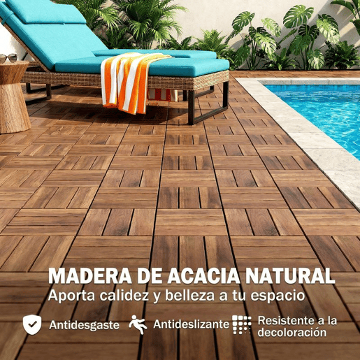 Outsunny Conjunto de 10 Estrados de Madeira de Acácia para Exterior 31x31 cm, 0,91 m² Estrado para Terraço Antiderrapantes e Resistentes ao Clima Instalação Fácil para Terraço Castanho-Escuro