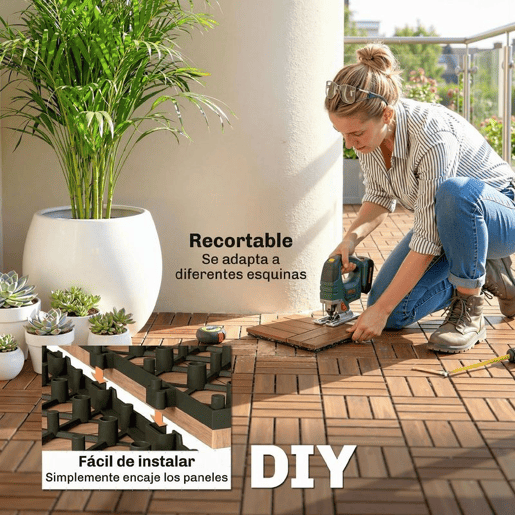 Outsunny Conjunto de 10 Estrados de Madeira de Acácia para Exterior 31x31 cm, 0,91 m² Estrado para Terraço Antiderrapantes e Resistentes ao Clima Instalação Fácil para Terraço Castanho-Escuro
