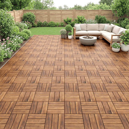 Outsunny Conjunto de 10 Estrados de Madeira de Acácia para Exterior 31x31 cm, 0,91 m² Estrado para Terraço Antiderrapantes e Resistentes ao Clima Instalação Fácil para Terraço Castanho-Escuro
