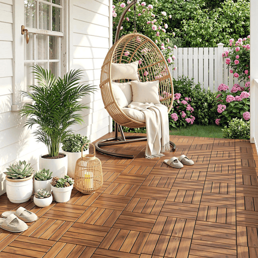 Outsunny Conjunto de 10 Estrados de Madeira de Acácia para Exterior 31x31 cm, 0,91 m² Estrado para Terraço Antiderrapantes e Resistentes ao Clima Instalação Fácil para Terraço Castanho-Escuro