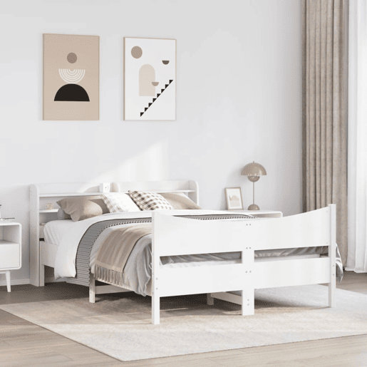Estrutura de Cama de casal para adultos com cabeceira 140x200 cm pinho maciço branco