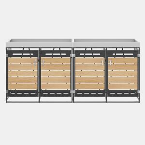 Caixa para contentores do lixo com vaso para plantas - ripas horizontais com efeito de madeira, ventilação perfurada, armário de jardim em ferro com fechadura - preto