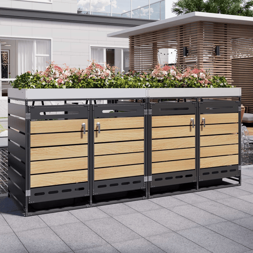 Caixa para contentores do lixo com vaso para plantas - ripas horizontais com efeito de madeira, ventilação perfurada, armário de jardim em ferro com fechadura - preto
