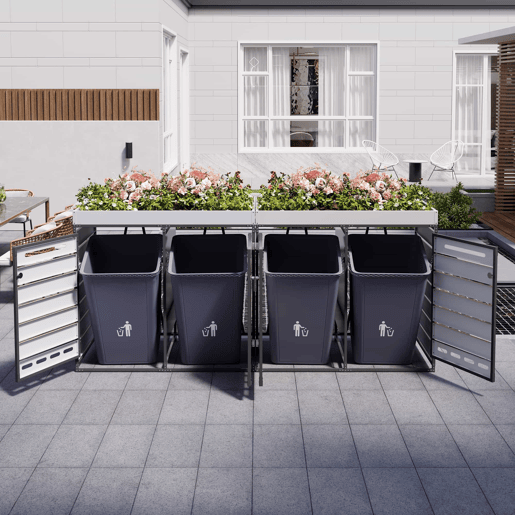 Caixa para contentores do lixo com vaso para plantas - ripas horizontais com efeito de madeira, ventilação perfurada, armário de jardim em ferro com fechadura - preto
