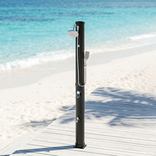 Outsunny Duche Solar de Jardim 40 L Duche Solar Exterior com Chuveiro de Mão Torneira para Pés Água Fria e Quente até 60 °C Ligação a Mangueira para Piscina Camping ou Pátio 19,5x19,5x218,5 cm Preto